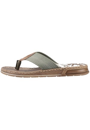Brown and green flip-flop sandal with textured fabric strap, contoured footbed, and rubber outsole. Features woven details and patterned insole.