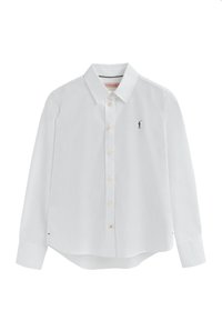 Camicia bianca a maniche lunghe in cotone, con colletto button-down, cinque bottoni e un piccolo logo nero sul petto.