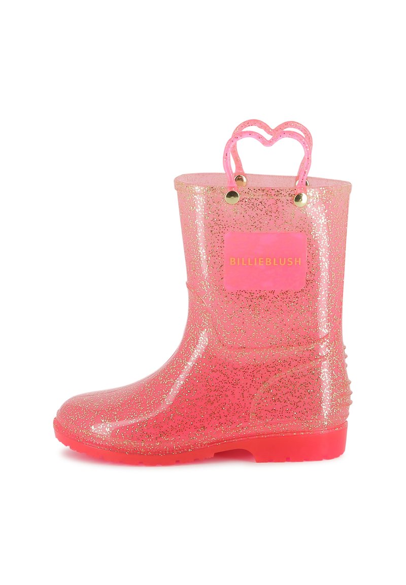 Rózsaszín csillámos esőcsizma fényes külsővel, szív alakú fogantyúkkal és texturált talppal. Jellemzője egy "BILLIEBLUSH" felirat arany színben.