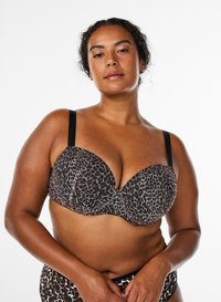 Reggiseno imbottito con ferretto, stampa leopardata nera e marrone, dotato di spalline regolabili, texture liscia e design con scollatura profonda.