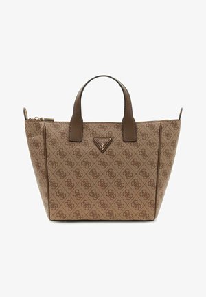Brown Guess tote bag with monogram pattern, dual top handles, and triangular logo plaque on front center.