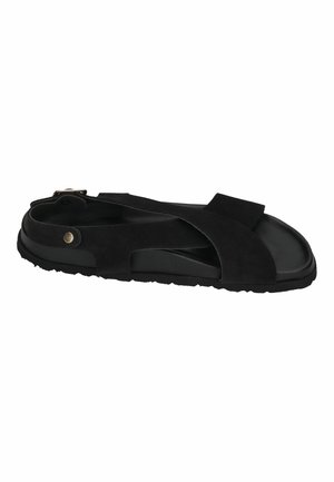 Schwarze Sandale mit offenem Zehenbereich, gekreuzten Veloursriemen, verstellbarem Fersenriemen mit Schnalle und profilierter Gummisohle.