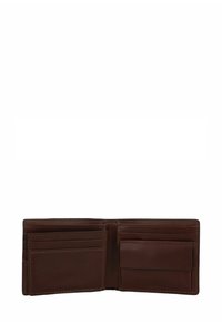 Portefeuille en cuir marron avec plusieurs emplacements pour cartes, une poche centrale et des accents cousus. L'intérieur est lisse avec une finition mate.