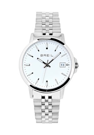 Orologio analogico argento con quadrante bianco, bracciale in acciaio inox, indici neri e finestra della data alle 3.