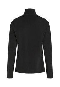 Svart fleece-pullover med hög krage, långa ärmar och en slät, mjuk textur. Inga synliga mönster eller hårdvarudetaljer.