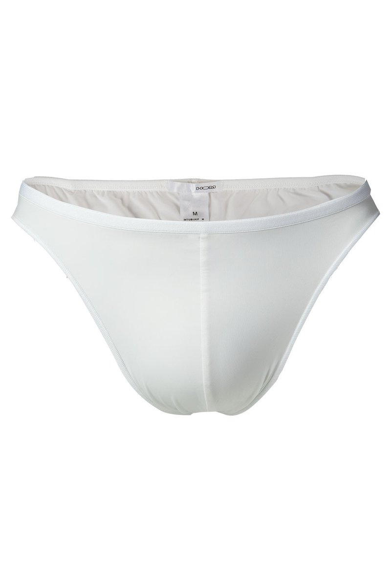 Weiße Baumwollunterhose mit glatter Textur, klassischem Schnitt und elastischem Bund. Verfügt über minimale Nähte und ein Etikett innen zur Größenangabe.