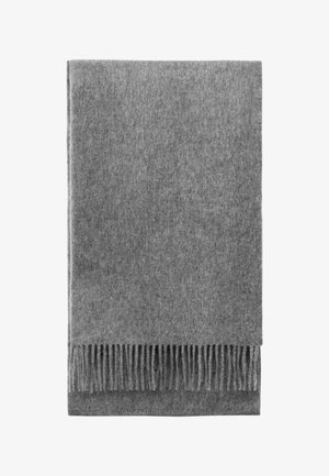 Gray wool blanket with a smooth texture and fringed edges. Even color, rectangular shape, and minimalistic design without patterns.