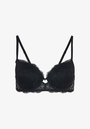 Schwarzer Spitzen-BH mit Unterstützungs-Cups, Blumenmuster, gewelltem Rand und verstellbaren Trägern mit einem kleinen Schlüsselloch-Detail in der Mitte.