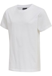 Hvid T-shirt med korte ærmer lavet af bomuld. Har en klassisk rund hals og lige søm, med en glat tekstur og et minimalistisk design.