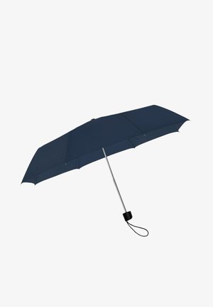 Ombrello blu navy con un palo di metallo, manico rotondo e cinturino da polso. Caratterizzato da otto pannelli e una superficie di tessuto liscia.