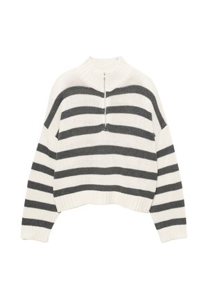 Gestreifter, weißer und grauer, verkürzter Pullover mit hohem Kragen und einem Frontreißverschluss. Texturiertes, gestricktes Material mit geripptem Saum.