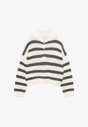 Jasnoszary, w białe paski, skrócony sweter z wysokim kołnierzem i zamkiem z przodu. Teksturowana, dziana tkanina z prążkowanym wykończeniem.