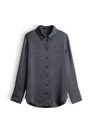 Dunkelgraues Langarmshirt aus leichtem, strukturiertem Stoff. Verfügt über eine Knopfleiste vorne, einen klassischen Kragen und einen abgerundeten Saum.