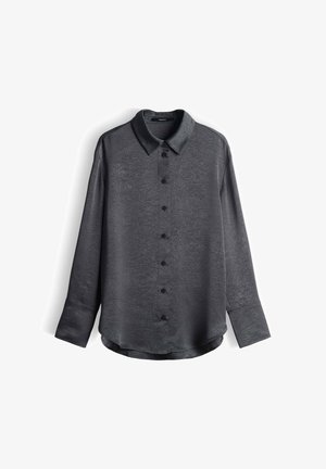 Dunkelgraues Langarmshirt aus leichtem, strukturiertem Stoff. Verfügt über eine Knopfleiste vorne, einen klassischen Kragen und einen abgerundeten Saum.