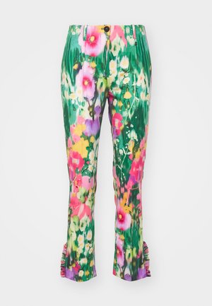 Blumenmuster-Hosen mit leuchtenden Rosa-, Gelb- und Grüntönen; ausgestellte Form mit Rüschensaum und Knopfverschluss an der Taille.
