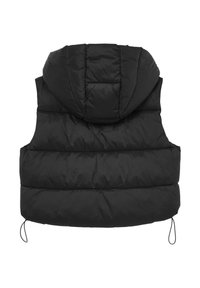 Gilet rembourré noir avec capuche, présentant un design matelassé, des détails à cordon de serrage sur l'ourlet et une texture lisse et brillante.