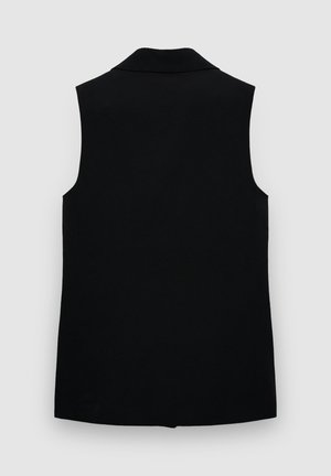 Schwarze ärmellose Weste mit Kragen, gefertigt aus glattem Stoff. Verfügt über ein klares, minimalistisches Design und einen geraden Schnitt ohne sichtbare Verschlüsse.