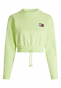 Sweat-shirt court vert clair à manches longues, taille élastique avec cordon de serrage, et petit logo Tommy Jeans sur la poitrine.