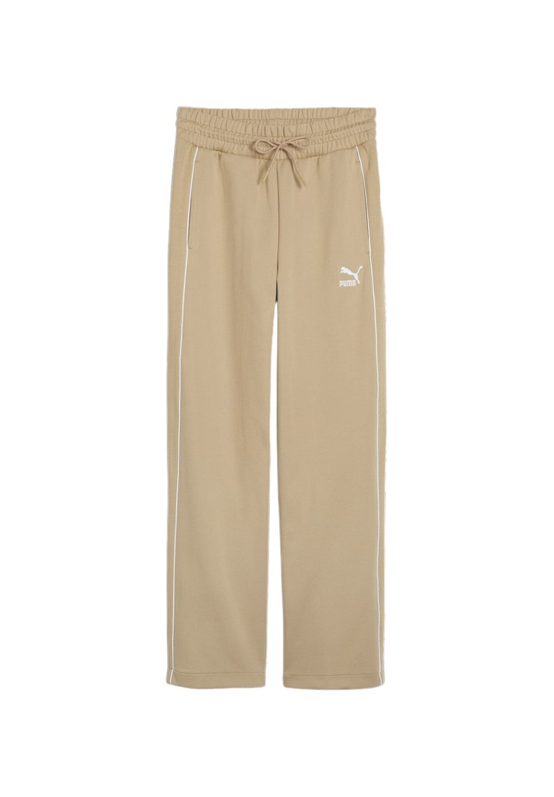 Beige sweatpants med elastisk talje, snor og hvide sidestropper. Har et lille hvidt logo på venstre lår. Blødt, tekstureret stof.