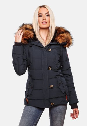 Navy puffer jacket with a fur-lined hood, zippered pockets, bronze buttons, and quilted texture. Accents include a logo and drawstring.