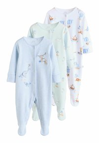 Trois pyjamas pour bébés : un bleu clair avec une broderie d'éléphant, un vert pâle avec des imprimés de ballons et un blanc avec des motifs d'animaux.
