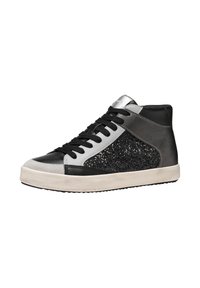 Zapatilla alta en cuero negro y gris, con panel de purpurina negra brillante, puntera redonda, suela plana y cordones negros. Detalles en plata.