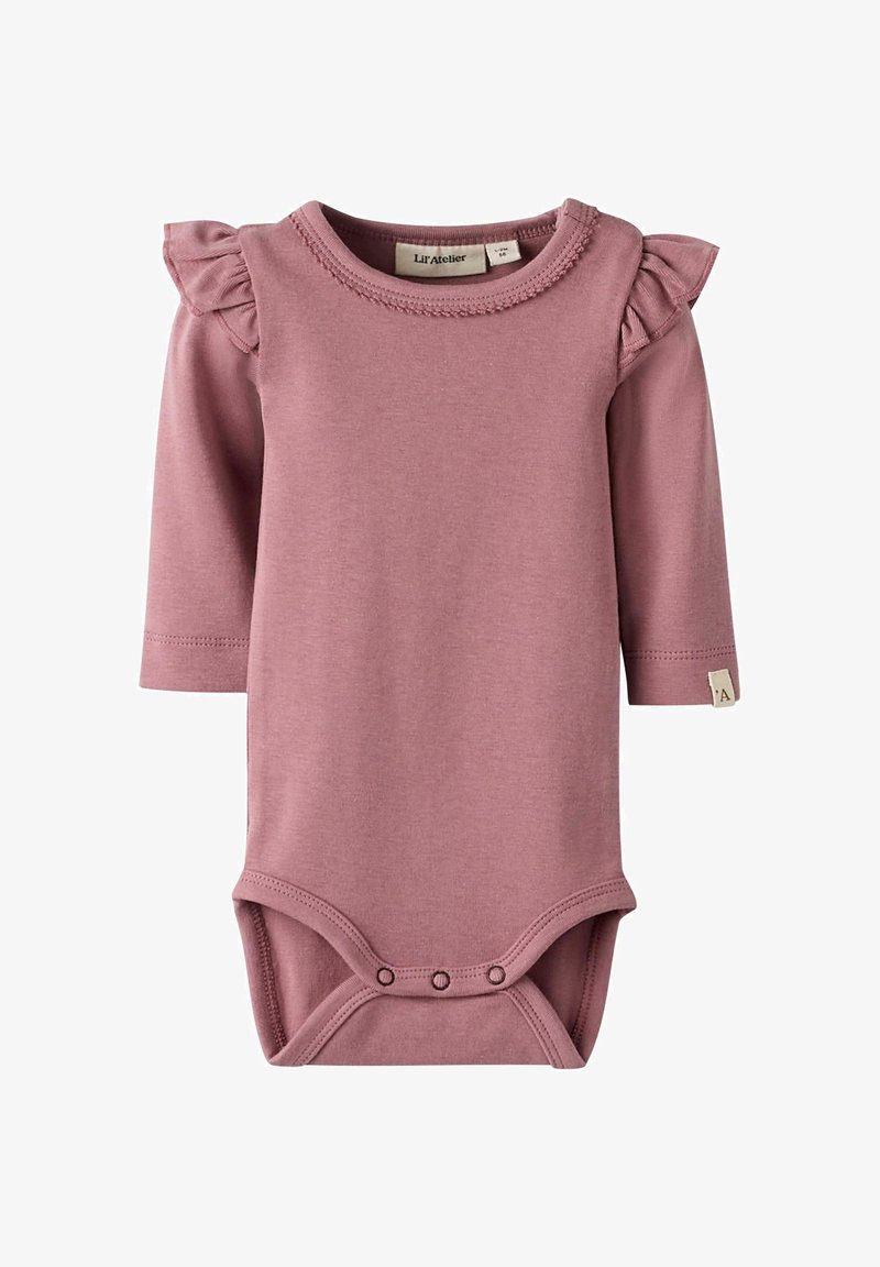 Roze lange mouwen baby bodysuit met franje-accenten op de schouders, ronde halslijn en drukknoopsluiting onderaan voor gemakkelijk aankleden.