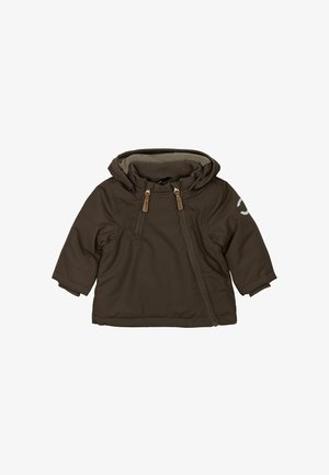 Bruine hooded jacket met een zachte binnenvoering, ritssluiting aan de voorkant en twee decoratieve ritsaccenten. Heeft korte mouwen en een logo detail.