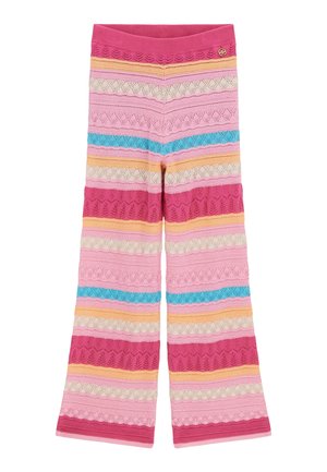 Gestrickte Hosen mit weitem Bein und horizontalen Streifen in Pink, Rot, Blau, Gelb und Creme, mit einem strukturierten Muster und elastischem Bund.