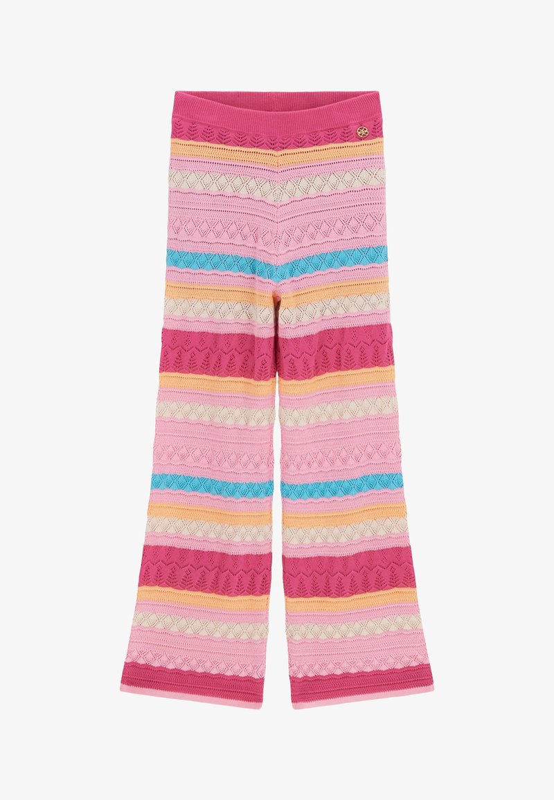Pantalon large en maille avec rayures horizontales rose, rouge, bleu, jaune et crème, avec un motif texturé et une taille élastique.
