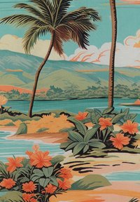 Scène tropicale avec deux palmiers, des fleurs oranges vives, un feuillage vert, un plan d'eau bleu calme et des collines lointaines sous un ciel nuageux.