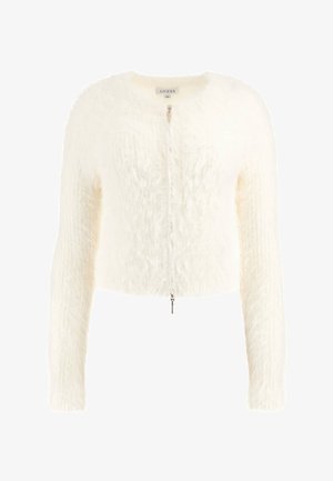 White, fluffy cropped cardigan with a round neckline, long sleeves, and a front zipper. Soft texture with minimal hardware detail.