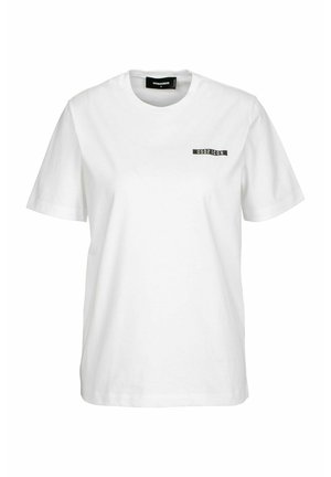 White cotton t-shirt with a round neckline and short sleeves. Features a black label with "DS02 ICON" on the front. Plain design, no patterns.
