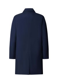 Heren navyblauwe lange jas met een rechte rug, lange mouwen en een klassieke kraag, van achteren getoond op een witte achtergrond.