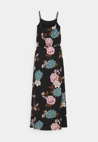Svart maxiklänning med tunna axelremmar, midja som dras åt och ett stort blomstertryck i rosa, blått och brunt.