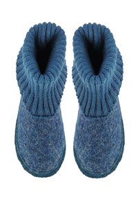 Blaue Filzschuhe mit einem gerippten gestrickten Schaft. Sie verfügen über ein weiches, strukturiertes Obermaterial und eine runde Zehenpartie. Rutschfeste Sohle für mehr Stabilität.