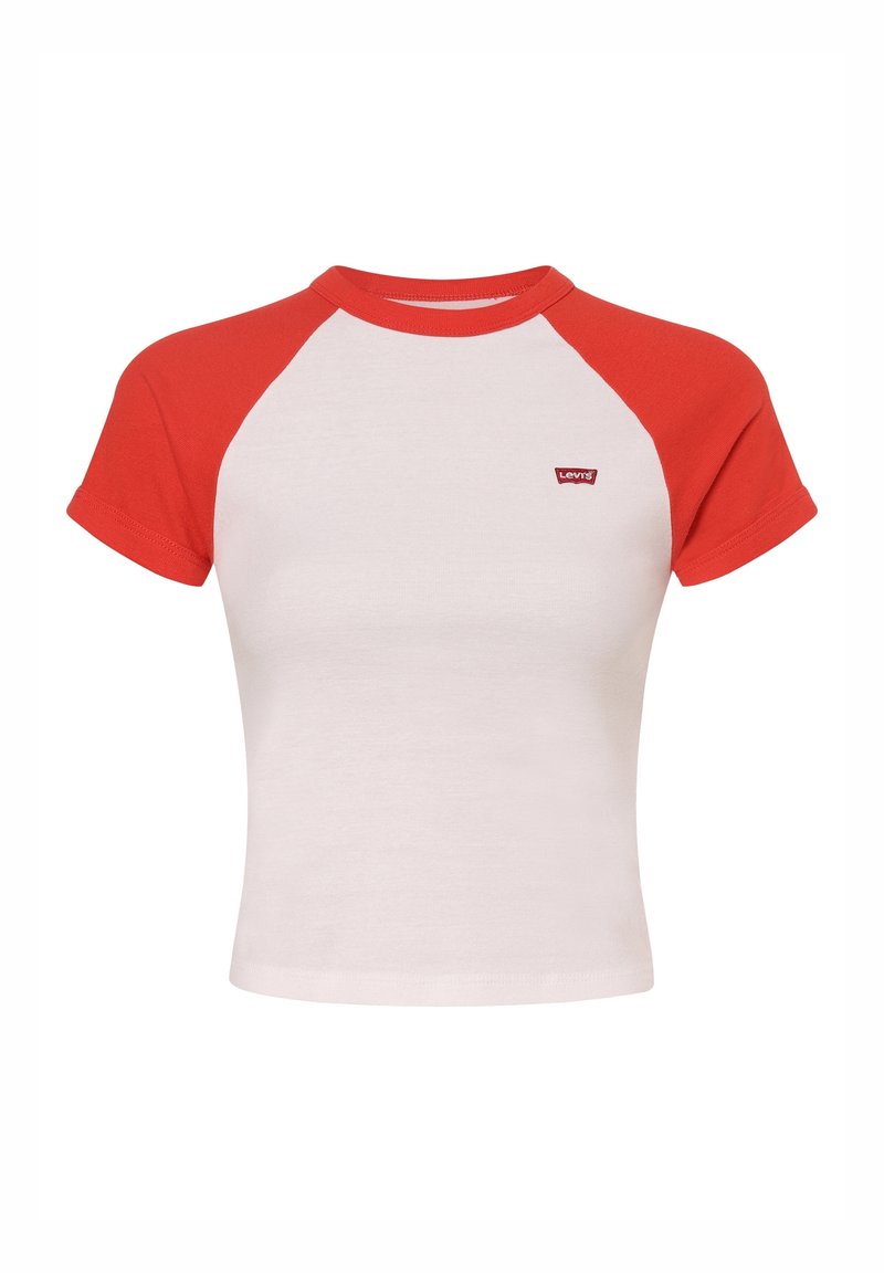 T-shirt à manches courtes avec un corps blanc et des manches raglan rouges. Matière en coton doux avec un petit logo rouge Levi's sur la poitrine.