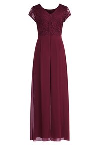 Maxikleid in Burgunderrot mit einem Spitzenoberteil, kurzen Ärmeln, V-Ausschnitt und einem fließenden, transparenten Rock mit einem Schlitz vorne.
