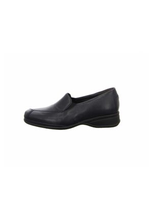 Black leather slip-on shoe with a rounded toe, subtle stitching details, and a flexible rubber sole for comfort and ease of wear.