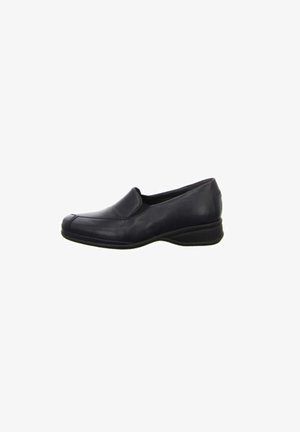 Black leather slip-on shoe with a rounded toe, subtle stitching details, and a flexible rubber sole for comfort and ease of wear.