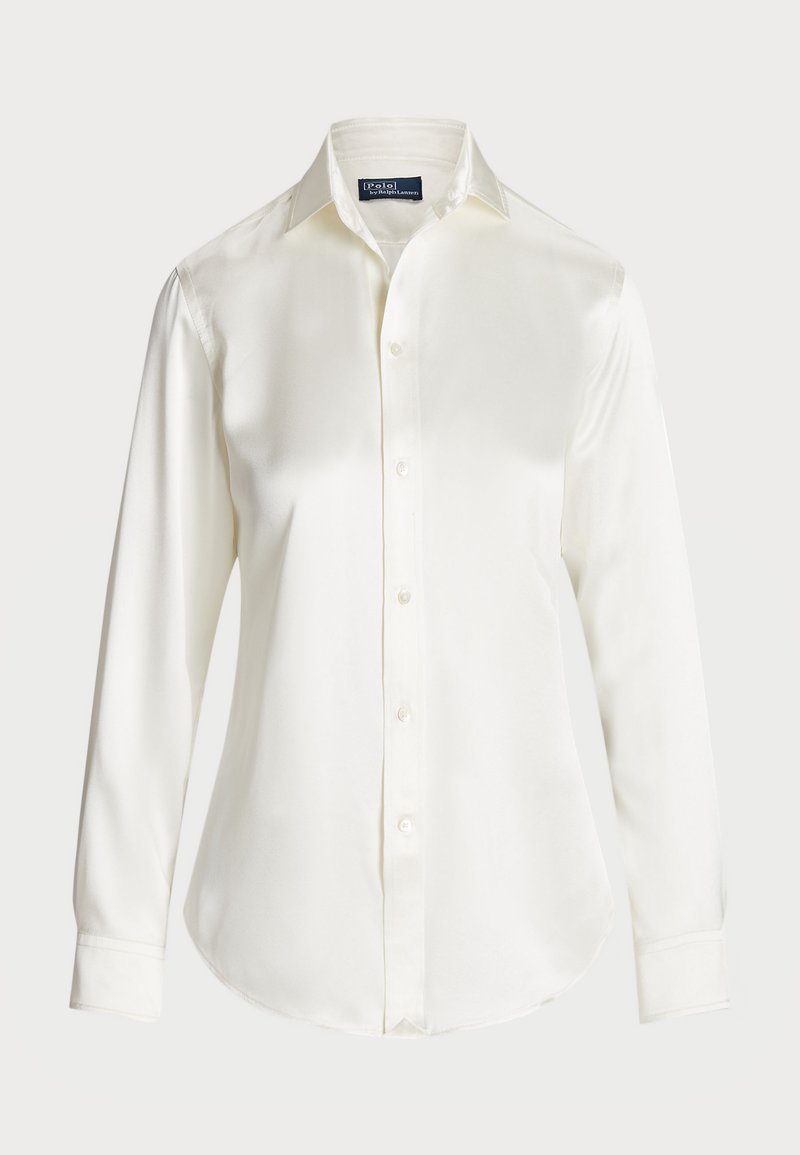 White long-sleeve button-up shirt, made of smooth fabric, featuring a classic collar and subtle shine, with a rounded hem and button details.