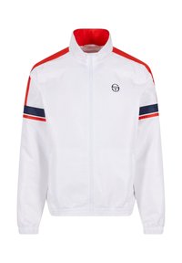 White athletic jacket with red and navy striped accents on the shoulders. Features a high collar and a front zipper. Smooth fabric texture.