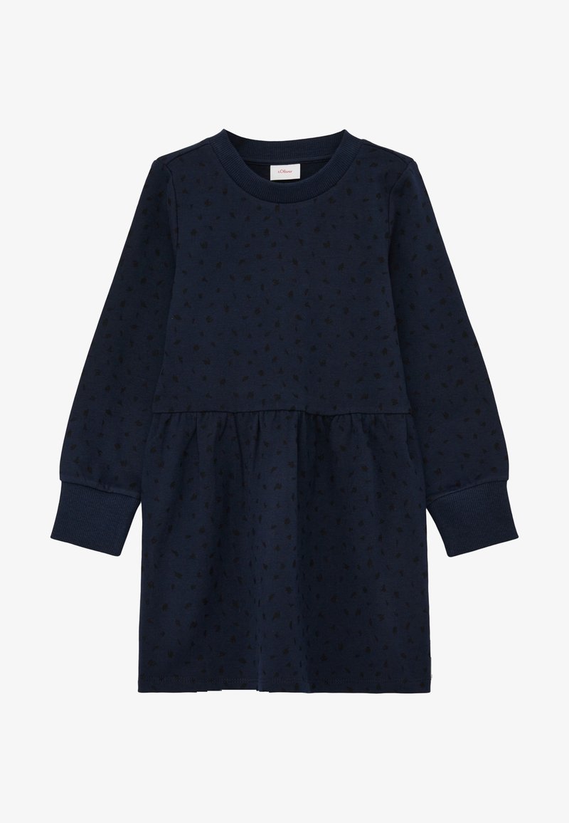 Navy blue long-sleeve dress with subtle black dot pattern, ribbed cuffs, and a gathered waistline.