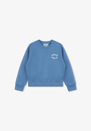 Felpa crewneck blu realizzata in tessuto testurizzato. Presenta il logo "KENZO PARIS" in bianco, polsini e orlo a coste. Design semplice, vestibilità casual.