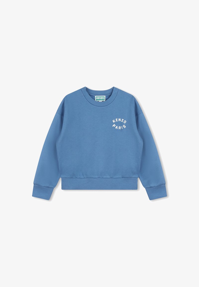 Sweatshirt bleu à col rond en tissu texturé. Présente le logo "KENZO PARIS" en blanc, des poignets et un ourlet côtelés. Design simple, coupe décontractée.