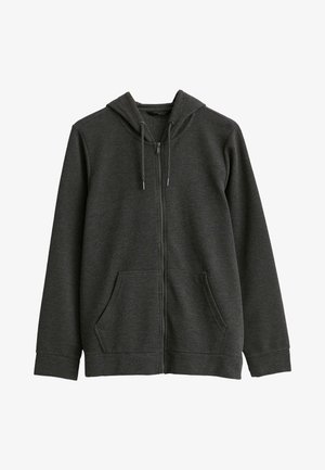 Donkergrijze capuchontrui met ritssluiting van zachte, gestructureerde stof. Voorzien van een capuchon met trekkoord, steekzakken aan de voorkant en aangesloten boorden. Eenvoudig ontwerp en praktische stijl.