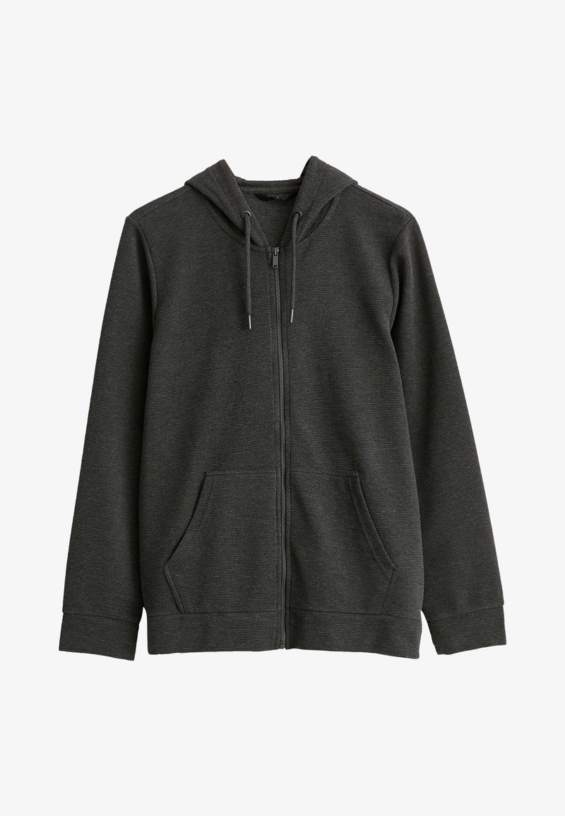 Donkergrijze capuchontrui met ritssluiting van zachte, gestructureerde stof. Voorzien van een capuchon met trekkoord, steekzakken aan de voorkant en aangesloten boorden. Eenvoudig ontwerp en praktische stijl.