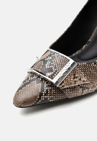 Chaussure plate à bout pointu avec motif peau de serpent marron et noir et boucle argentée gravée du logo « DKNY ».