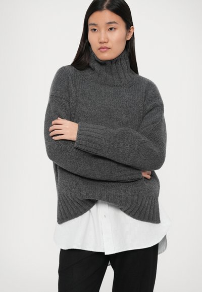 Donna con lunghi capelli scuri che indossa un grosso maglione grigio a collo alto sopra una camicia bianca e pantaloni neri, braccia incrociate, espressione neutra.