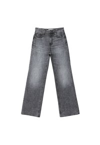 Jeans in denim scuro a gamba larga con finitura sbiadita, cinque tasche, chiusura con bottone e dettagli di cucitura sottili lungo le cuciture.